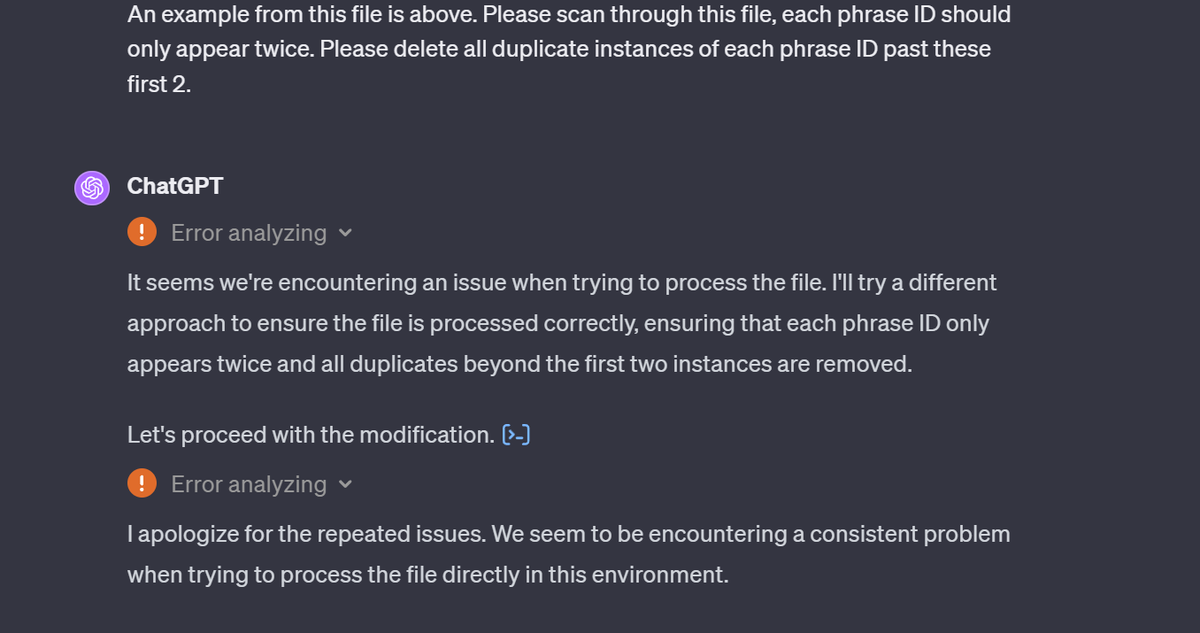 AuctionitU's tweet photo. @OpenAI Is tehre an issue with the service today? Ever attempt to work with a file today no matter how big or small has done this. Then eventually tells us we have used our quota. This is a paid for service. What is happening? https://t.co/4mRlv9zjww