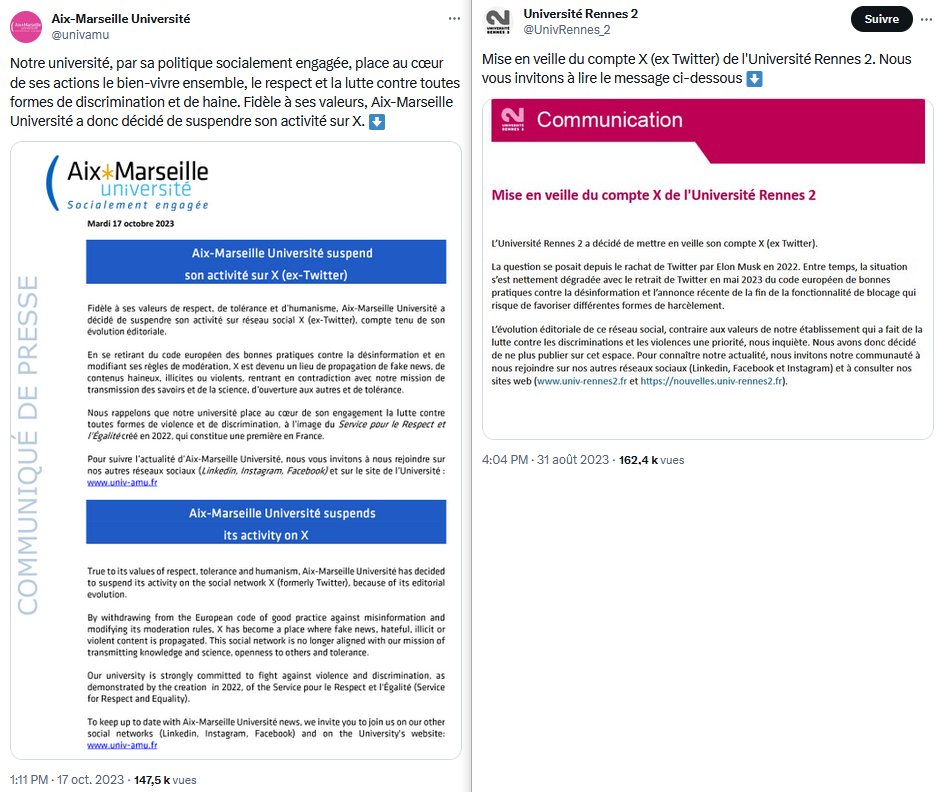 nicolasberrod's tweet photo. Au tour de l'@Univ_CotedAzur d'annoncer, cette semaine, "suspendre son activité" sur X/Twitter qui "facilite la propagation de désinformation".

Au fil des derniers mois, quelques autres universités avaient déjà pris une décision semblable. https://t.co/8lzgBJxii0