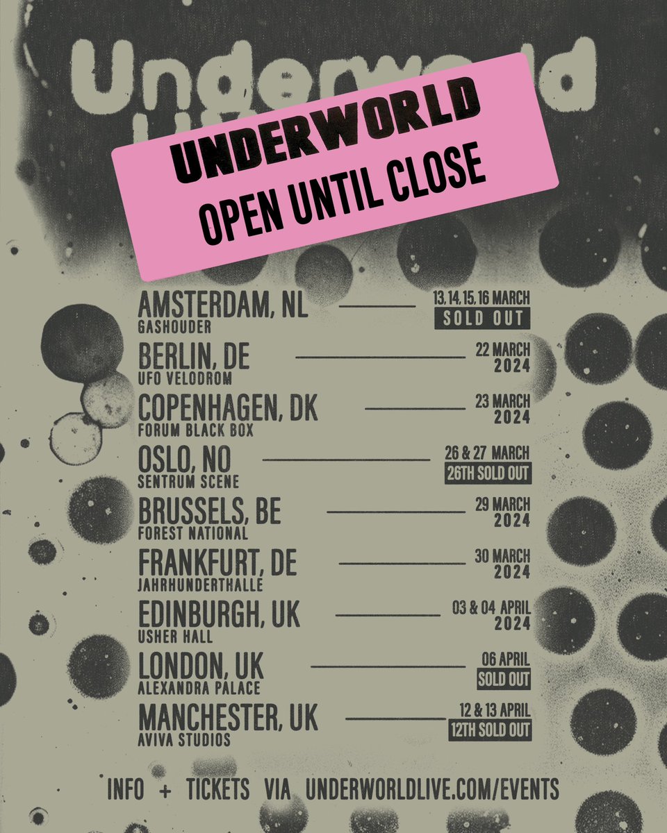 underworldlive's tweet photo. Tour update: One set just wasn’t enough…..

We’ll be with you from open until close - Two sets = Twice the Love

Specific timings to follow… https://t.co/ADoPLKUhV8