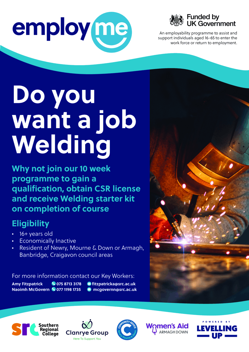 If you’re looking for a new career opportunity, don’t miss our free 10 week welding programme. Programmes start: Armagh - 5 February Portadown -7 February Free 🚌 transport for Newry residents. Contact: 📧 fitzpatricka@src.ac.uk 📞075 8713 3178