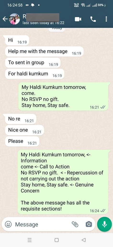 Ab aap hi bolo isme kya sahi nahi hai !!!

(Let me know if the message can be improved)

#haldikumkum wondering how come this #Hashtag isn't popular here. Or is the pratha (ritual) limited to my region.