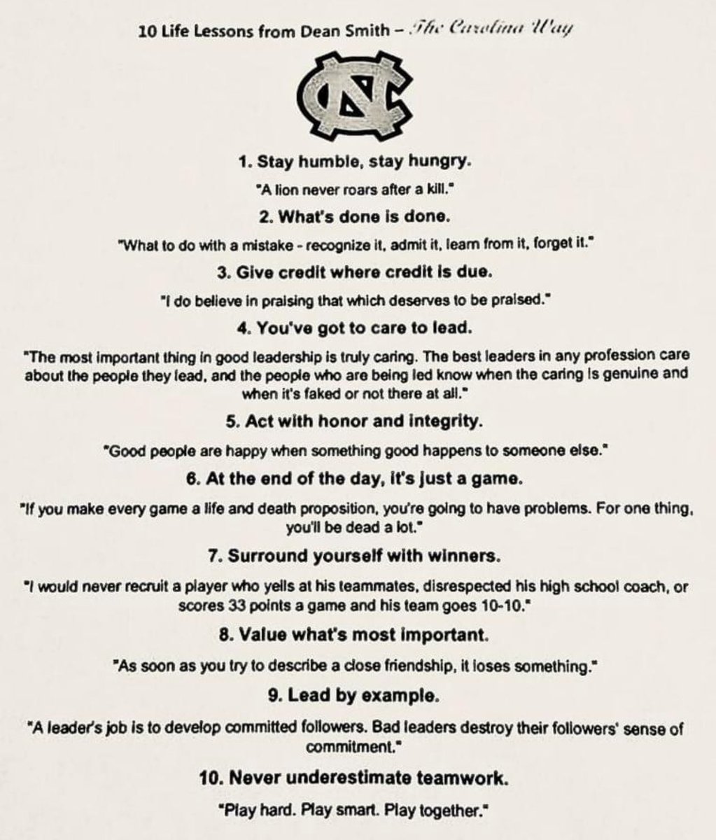 DrewMaddux's tweet photo. Wisdom from one of my favorite coaches...Dean Smith

“The Carolina Way” https://t.co/4fa6s3B8ZO