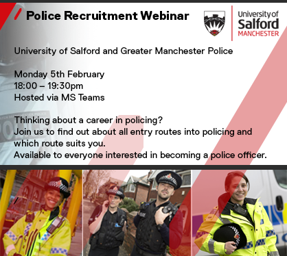 Join us and University of Salford for an Online Webinar to discover more about a career with Greater Manchester Police! 📚 Open to all - considering a career change, in college, or about to graduate! 🕕 5th Feb 18:00-19:30 pm Use the link to sign up orlo.uk/3ZDj8