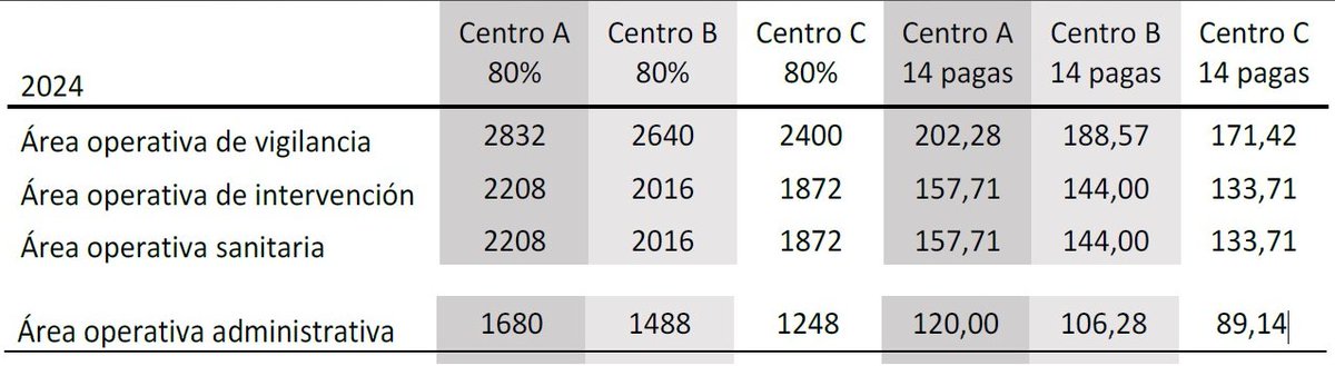 Cuantías del complemento del siglo XXI para el año 2024 por clasificación de centros y áreas
El importe del complemento es de 14 pagas.