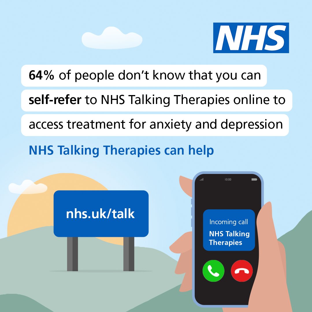 Almost two thirds of people don’t know that you can self-refer to NHS talking Therapies online to access treatment for anxiety and depression. The service is effective, confidential and free. You can refer yourself or talk to your GP: nhs.uk/talk.