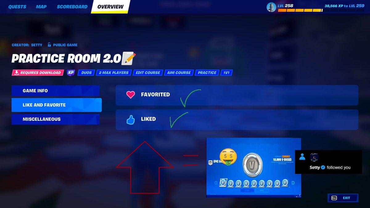 Setty2k_'s tweet photo. I'm gonna be giving away 10.000 V-Bucks (1000x10) &amp; FOLLOWING a bunch of people that: 

RT + Like this tweet &amp; Comment proof of Favouriting and Liking the PRACTICE ROOM 2.0📝: 7765-3283-5947 https://t.co/AJ46yClfgq