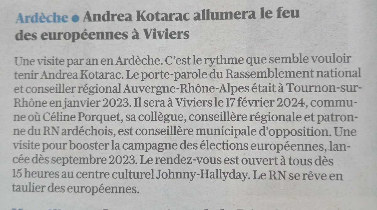 PORQUETCeline's tweet photo. 🇨🇵 Pour la défense de la France et des Français au parlement européen, #TousAvecJordan 🇨🇵
➡️ @AndreaKotarac, porte-parole du @RNational_off allumera le feu des #ÉlectionsEuropeennes à #Viviers
➡️ Nous vous attendons nombreux !
#Ardèche #VivementLe9Juin https://t.co/PSMWdCGP7H