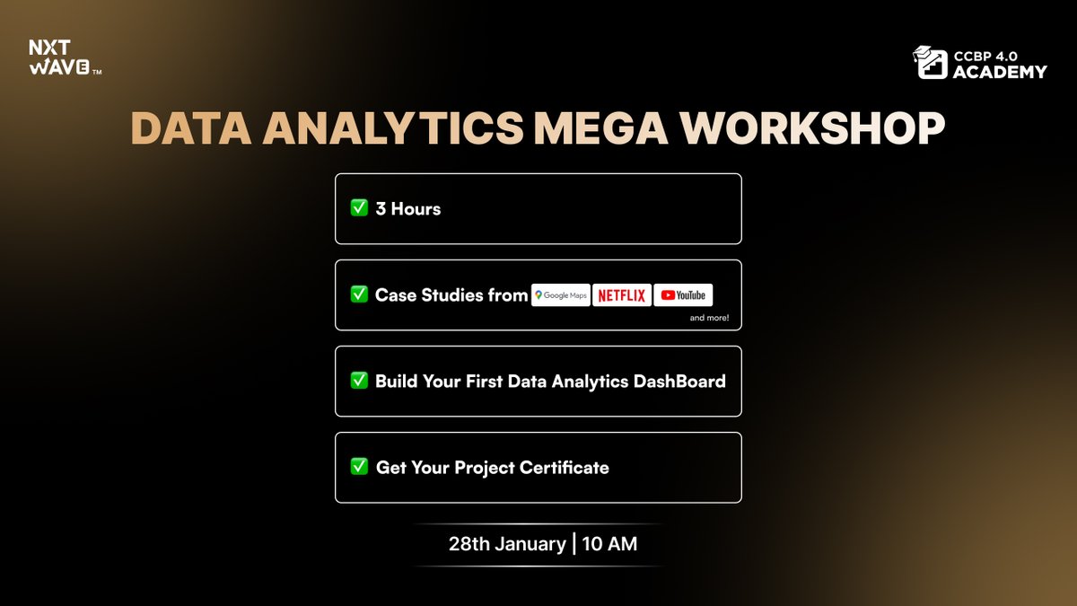 nxtwave_tech's tweet photo. Get Ready for the Ultimate Data Analytics Mega Workshop! ๐ท
Exclusively for Academy Learners
#NxtWave #CCBP #CCBPAcademy #NxtWaveAcademy #NxtWaveMegaWorkshop2024 #DataAnalyticsJourney #ExploreWithData #DataAnalytics101 #StudentDashboardChallenge #HandsOnDataExperience #DataSkillsJourney