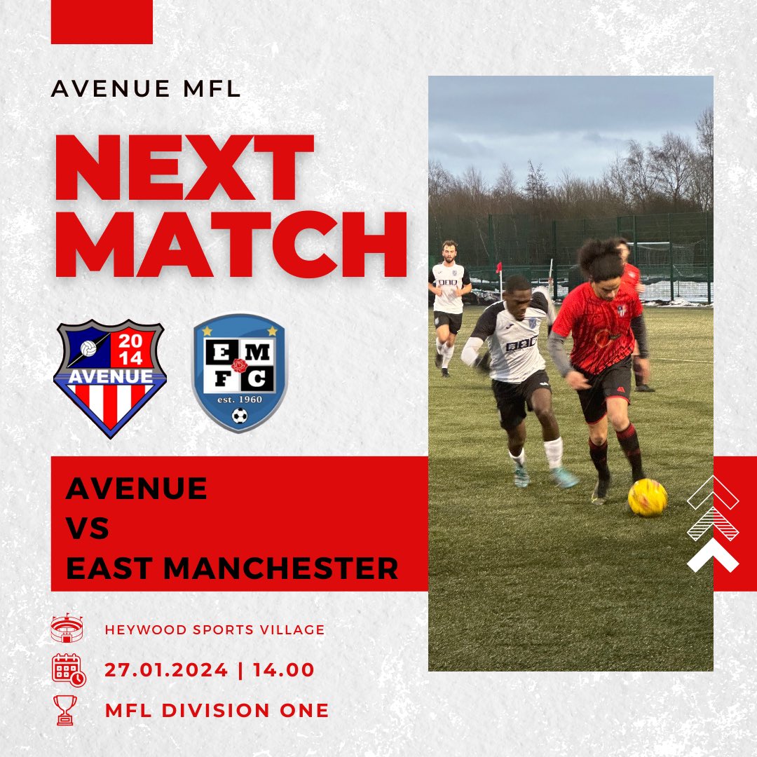 Avenue take on Easy Manchester this afternoon in a @THEMCRFL Division One Fixture. Avenue took all three points in the reverse fixture, putting 5 goals past their opponents and will be hoping to replicate this today. 🔴⚫️🔵