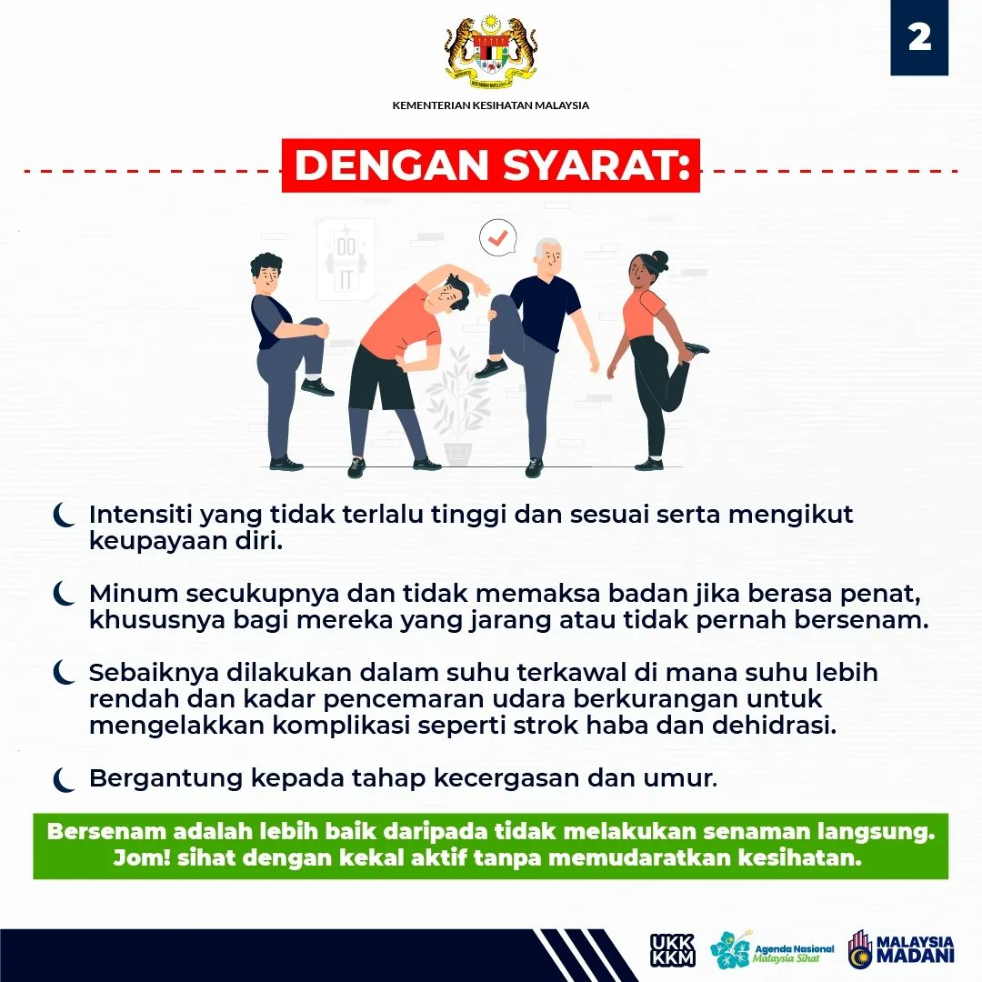 KKMPutrajaya's tweet photo. 💼Rutin bekerja masa kini semakin merentasi zon waktu dan ketidaktentuan dalam rutin harian individu. Untuk kekal aktif disamping membudayakan gaya hidup sihat, kebanyakan golongan dewasa mengambil inisiatif untuk bersenam tanpa keterbatasan waktu tertentu termasuk pada waktu malam.

💪Kekal aktif dan bersenam sangat bermanfaat untuk kesihatan dan mampu mencegah daripada penyakit tidak berjangkit (NCDs) seperti kencing manis, sakit jantung, tekanan darah tinggi dan juga komplikasinya.

📢Namun begitu, tatacara yang betul dan selamat ketika bersenam pada waktu malam perlulah dipatuhi agar terhindar daripada kemudaratan. 

‼️Jom sihat dengan kekal aktif dan bersukan.