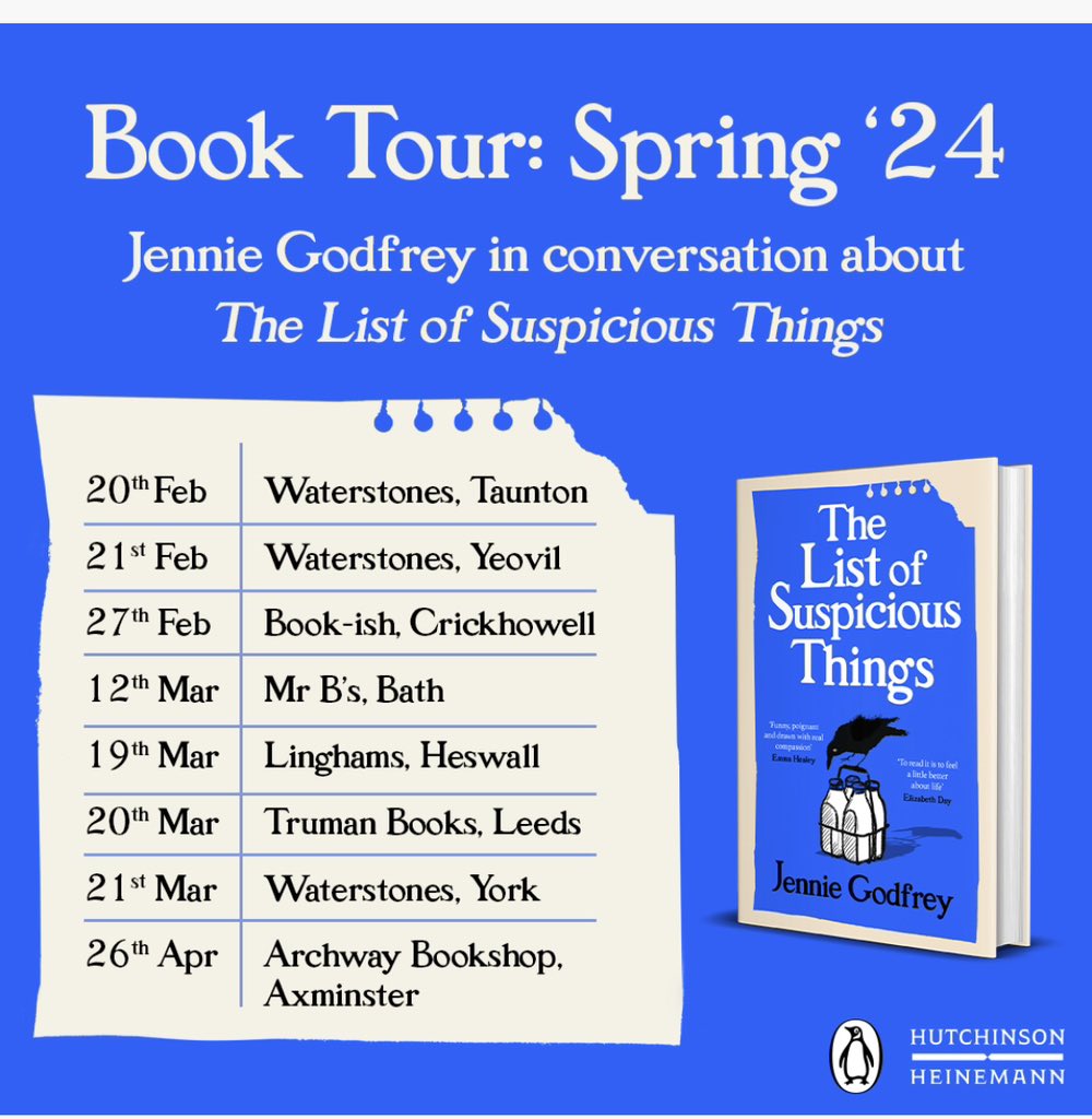 I’m so blumin’ excited that #TheListofSuspiciousThings is going on tour! You can buy tickets here linkmix.co/21088166 Can’t wait to see you! @waterstonestaun @waterstonesyeo @Bookishcrick @mrbsemporium @LinghamsBooks @TrumanBooks @WaterstonesYork @Archwaybookshop