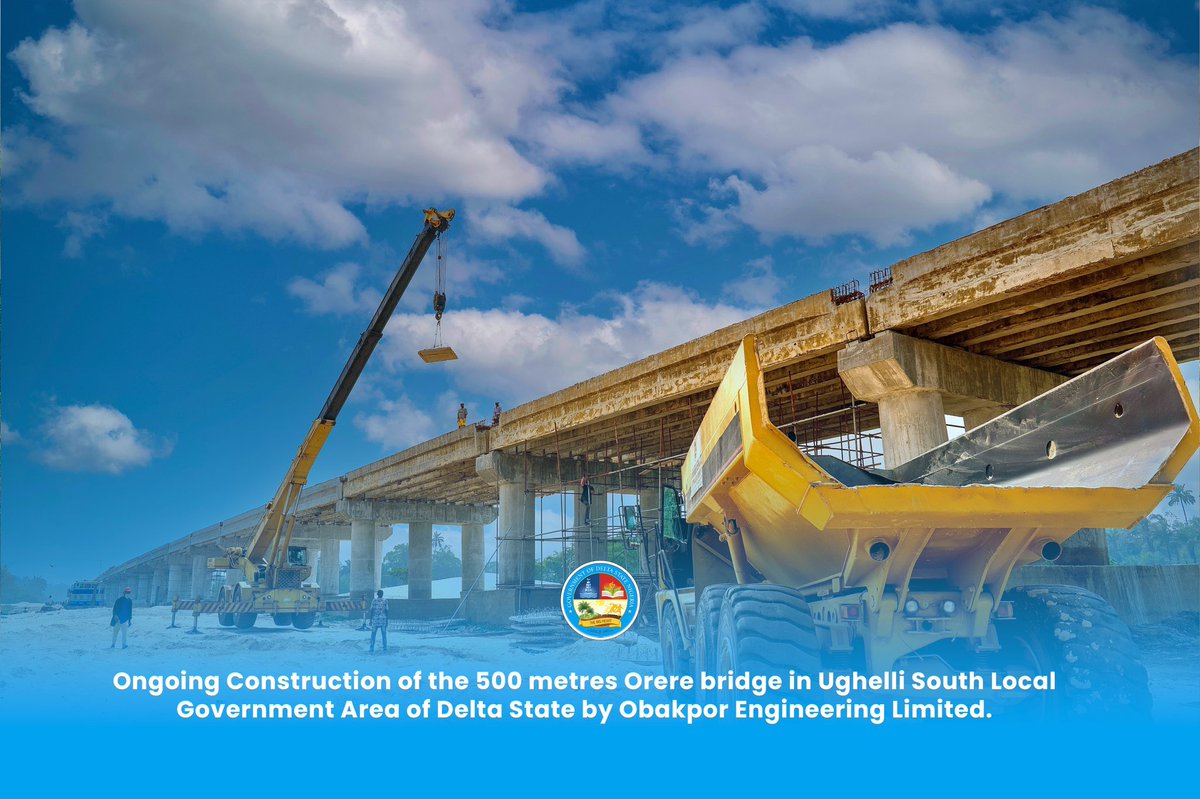 DSGovernment's tweet photo. Ongoing construction of the 500metres Orere bridge in Ughelli South Local Government Area of Delta State by Obakpor Engineering Limited.

The project which includes the construction of 4.3km access road and 1.36km arterial roads when completed, will connect over 30 communities in Ughelli South and Bomadi local government areas of the State.

#MOREagenda
#OpportunityForAll
#SheriffisWorking