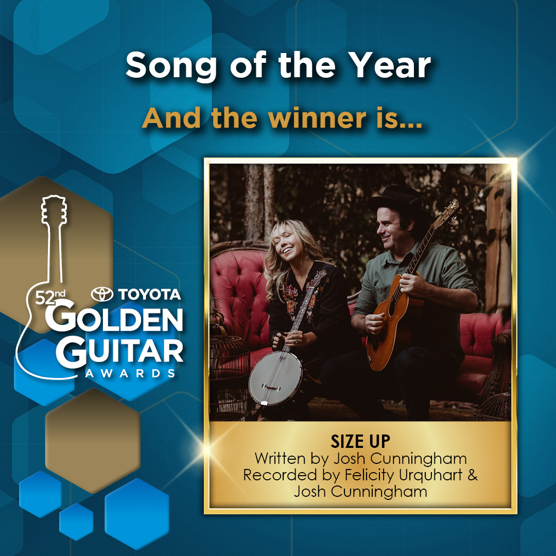 The winner of the Golden Guitar for Song of the Year is Felicity Urquhart and Josh Cunningham for “Size Up”, written by Josh Cunningham. #GoldenGuitars #TCMF2024