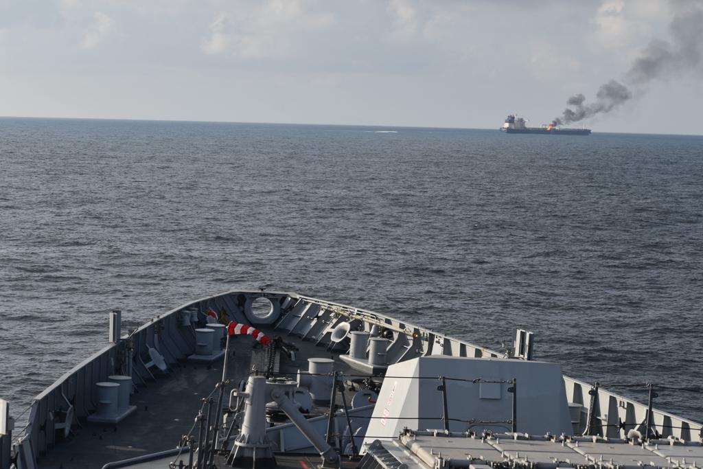 ndtv's tweet photo. INS Visakhapatnam, a guided missile destroyer, deployed in the Gulf of Aden responded to a distress call from MV Marlin Luanda on the night of 26 Jan 24. The MV has 22 Indian and 01 Bangladeshi crew onboard: Indian Navy  Based on the request from the MV Merlin Luanda, INS Visakhapatnam has deployed Ship's NBCD team along with firefighting equipment to render assistance to the crew towards augmenting firefighting efforts onboard the distressed MV: Indian Navy