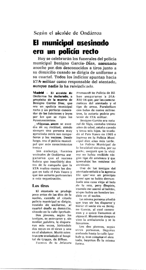 ConsuorF's tweet photo. #TalDiaComoHoy de 1982 #ETA asesinó en #Ondarroa al policía municipal Benigno García. Dos etarras le dispararon por la espalda. 
Otra crónica de una muerte anunciada a la que se añade también el acoso a su familia tras su asesinato.

‼️Este reportaje del @diariovasco ‼️⤵️ https://t.co/1ga3CWSQFu