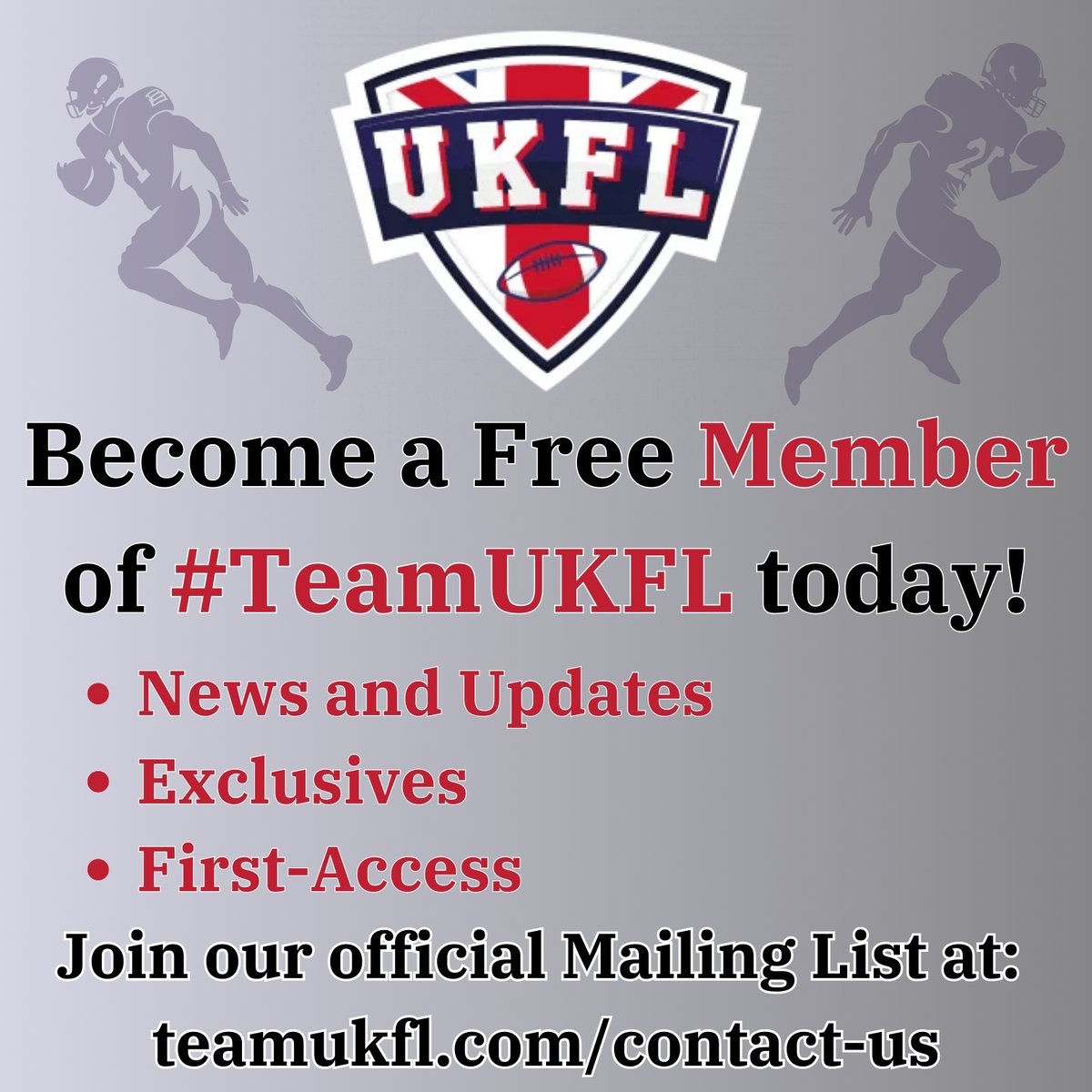 teamUKFL's tweet photo. Become a Free Member of #TeamUKFL today by heading to https://t.co/hO7iK9pLTf 👈

By joining our free membership tier you will gain access to news and updates before anyone else and you will have exclusive opportunities - like helping us to name our teams! 🏈

#AmericanFootball https://t.co/lqGVJnI3M0