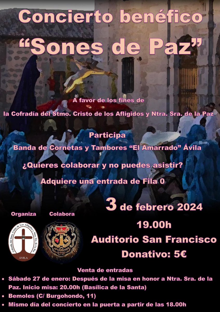 Esta tarde a las 20:00h Eucaristía en Honor a Ntra. Sra de La Paz presidida por el Padre Ezequiel Garcia Rojo en la Basílica de La Santa.
Después de la misa se podrán adquirir entradas para el concierto benéfico “ Sones de Paz”