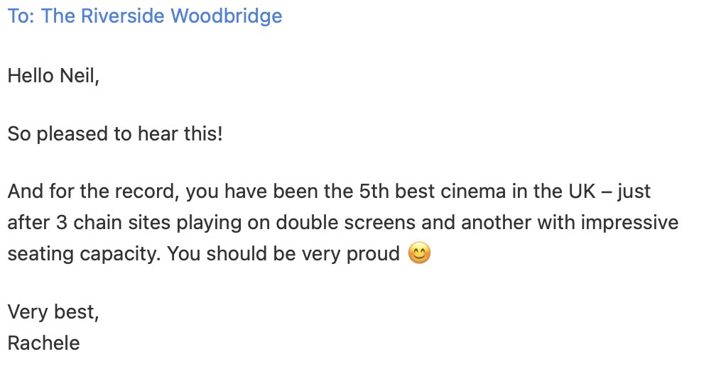 5th Best Cinema in the UK for DEAR ENGLAND ! Thanks @NTLive @NationalTheatre #theriverside #riversidewoodbridge #cinema #independentcinema #woodbridge #suffolk #dearengland
