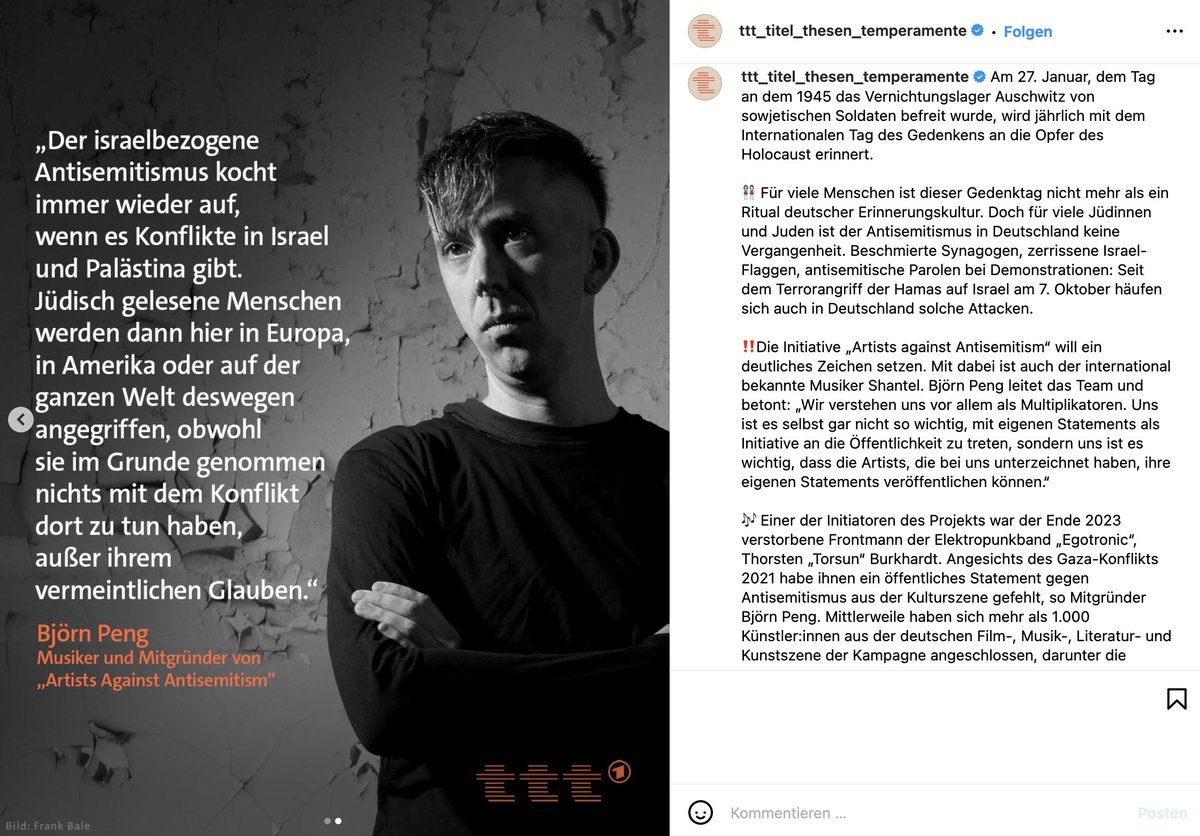 Björn Peng (@bjoernpeng) on Twitter photo "Titel, Thesen, Tempramente" featured zum 27.01. die <a href="/ArtistsAgainstA/">Artists Against Antisemitism</a> und thematisiert den israelbezogenen Antisemitismus auf Instagram. Vielen Dank! "Titel, Thesen, Tempramente" featured zum 27.01. die <a href="/ArtistsAgainstA/">Artists Against Antisemitism</a> und thematisiert den israelbezogenen Antisemitismus auf Instagram. Vielen Dank!