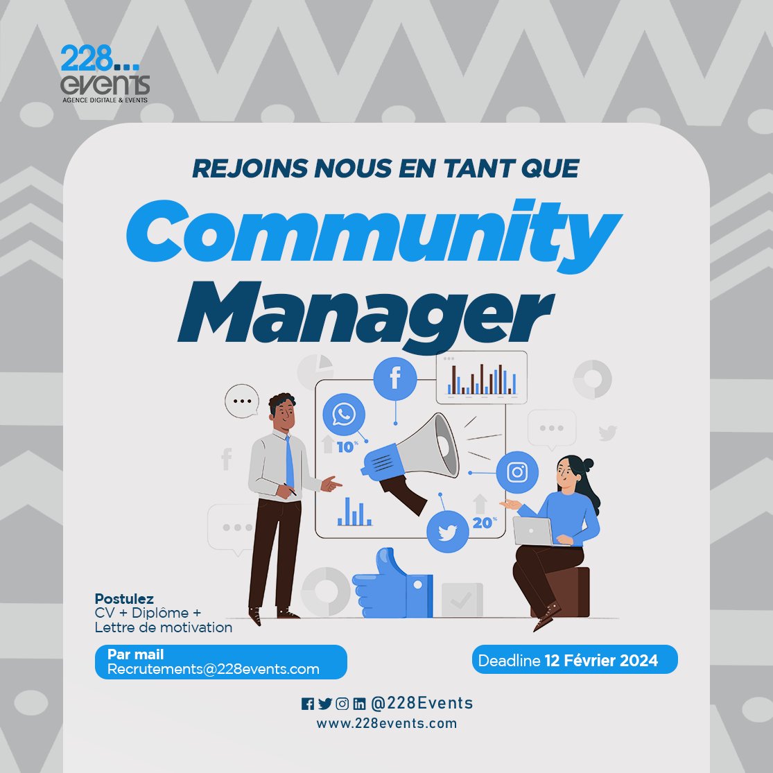 228Events's tweet image. 🔴 🔵 ⚫️ 𝗥𝗘𝗖𝗥𝗨𝗧𝗘𝗠𝗘𝗡𝗧
Poste : 𝐒𝐨𝐜𝐢𝐚𝐥 𝐌𝐞𝐝𝐢𝐚 𝐌𝐚𝐧𝐚𝐠𝐞𝐫 / 𝐂𝐨𝐦𝐦𝐮𝐧𝐢𝐭𝐲 𝐌𝐚𝐧𝐚𝐠𝐞𝐫

Recrutements@228events.com
Délai : 12 Février 2024

#JobAlert #Job #228Events #Togo #Digital #Agence228Events