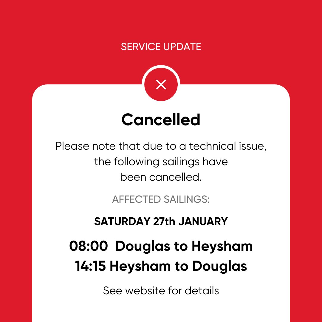 Service update: due to a technical issue today's 08:00 sailing to Heysham and the 14:15 sailing to Douglas have been cancelled. A further update on tonight's schedule will be made by 16:00. Affected passengers will be contacted. steam-packet.com/latestsailings