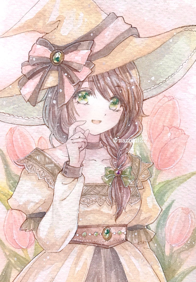 1girl hat solo dress green eyes witch hat flower  illustration images