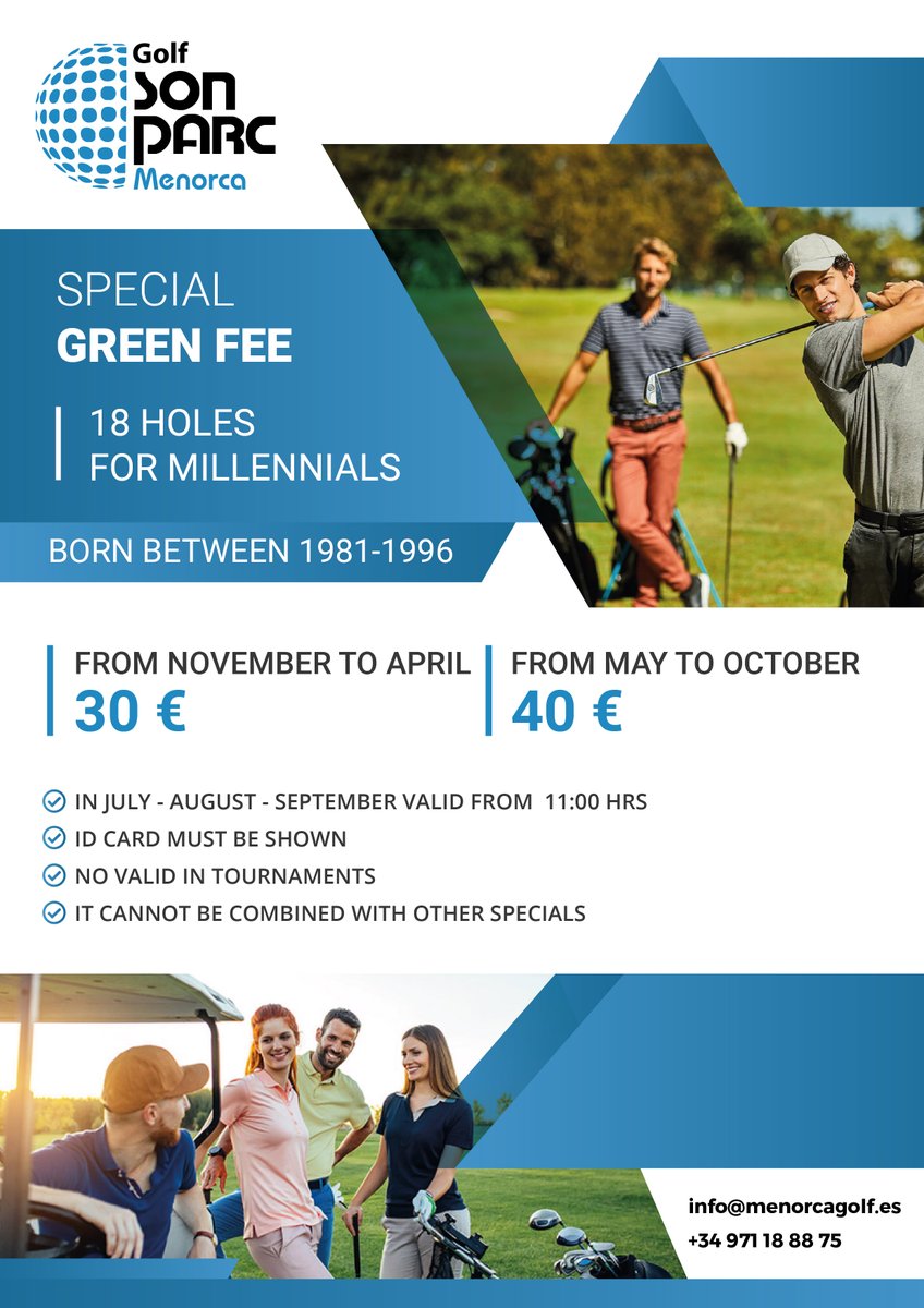 GOLFMENORCA's tweet photo. Empezamos el año con una una super novedad ‼️ ESPECIAL GREEN FEE DE 18 HOYOS PARA MILLENNIALS ⛳️This year comes with a special new‼️ 18 HOLES GREEN FEE FOR MILLENNIALS 🏌️‍♀️🏌️‍♂️⛳️#golf#golfcourse #millennials #greenfee #special #sonparc #menorca https://t.co/reLewINJno