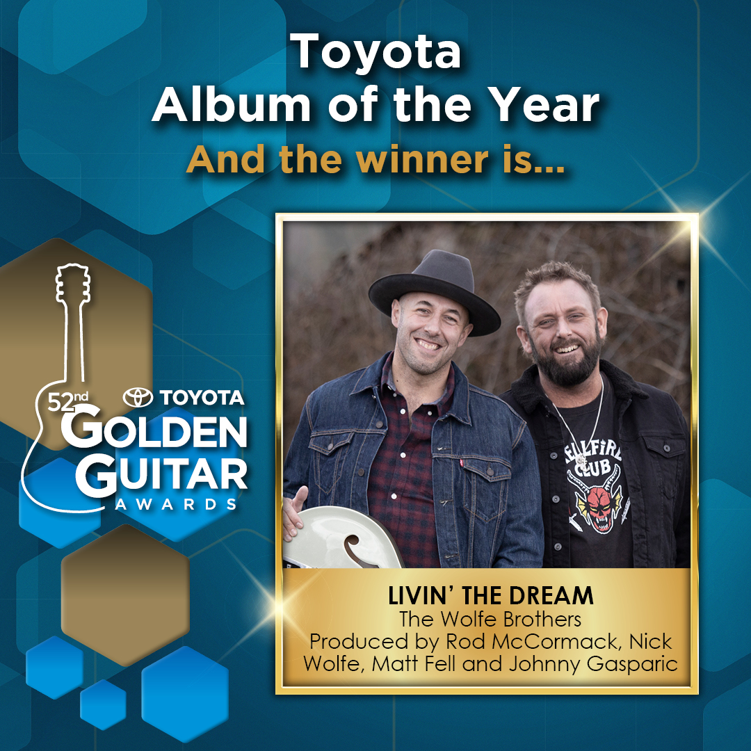 The winner of the @toyota_aus Album of the Year is The Wolfe Brothers for “Livin the Dream” produced by Rod McCormack, Nick Wolfe, Matt Fell, Johnny Gasparic. #GoldenGuitars #TCMF024