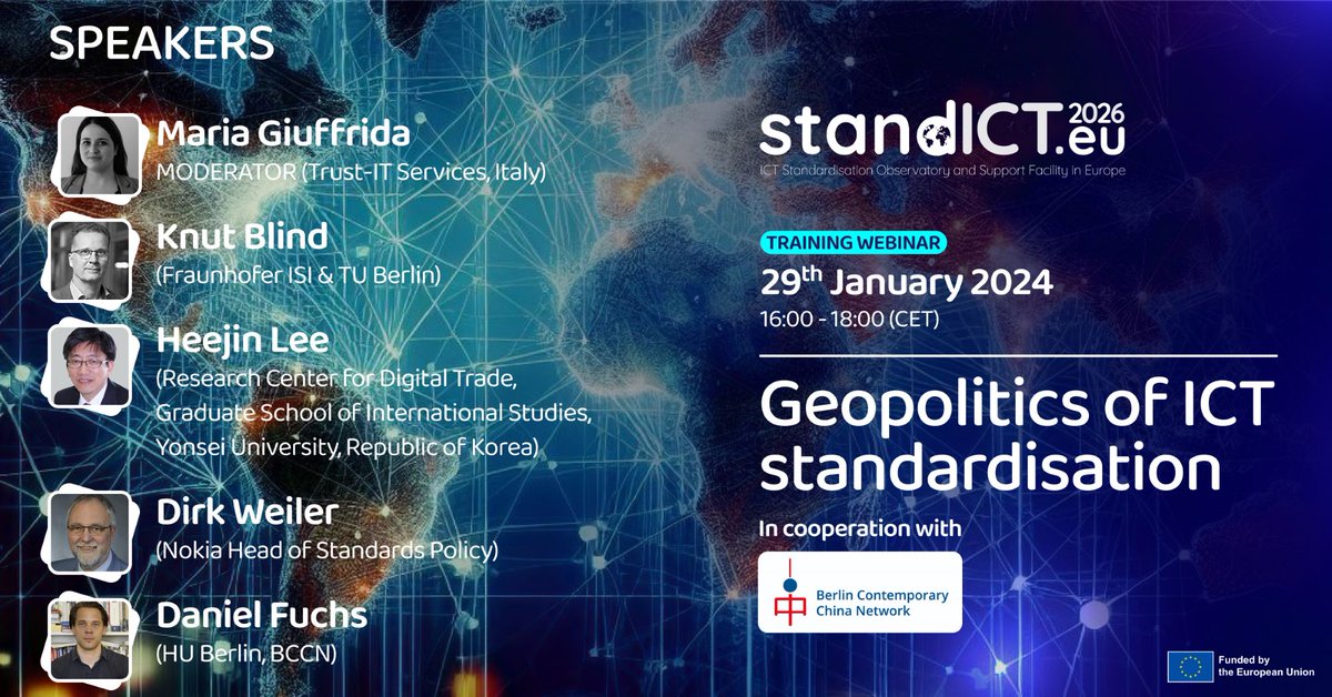 Stand_ICT's tweet photo. 📢It's almost time! See you at 16:00 CET ⏲️
🤗Cant't wait to welcome you at the #StandICT #standards #academy webinar Geopolitics of #ICT standardisation🌏 in #cooperation with @BerlinBCCN
👇Register now and see you in a bit🙌
https://t.co/U9Iouxaxkr
#standardardisation https://t.co/rTHSlE2pAX