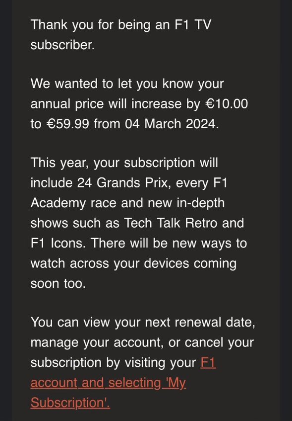 therealdragbug's tweet photo. And it seems like the increase differs on country basis, great to know that they think in the land of Max Verstappen they can charge us anything to keep on watching… https://t.co/4NUls4pueY