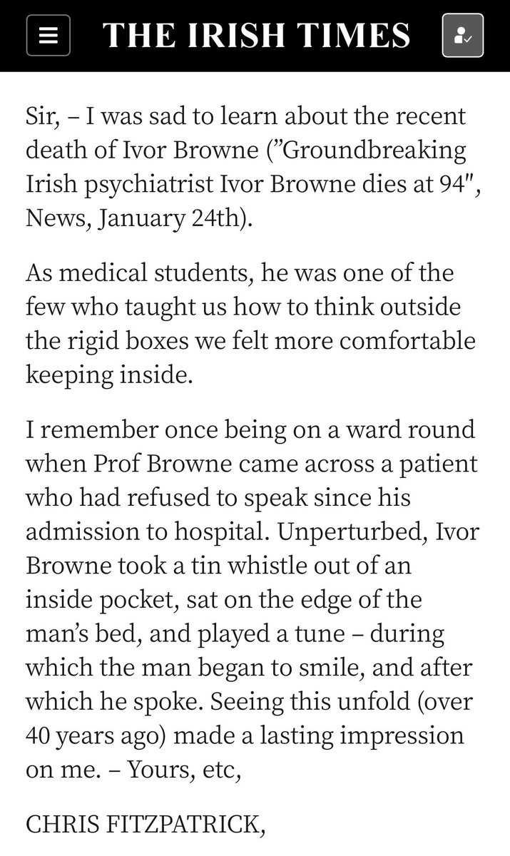 CormacKinsella's tweet photo. Amazing letter to ⁦@IrishTimes⁩ about Ivor Browne RIP https://t.co/AZLNEa8U9C