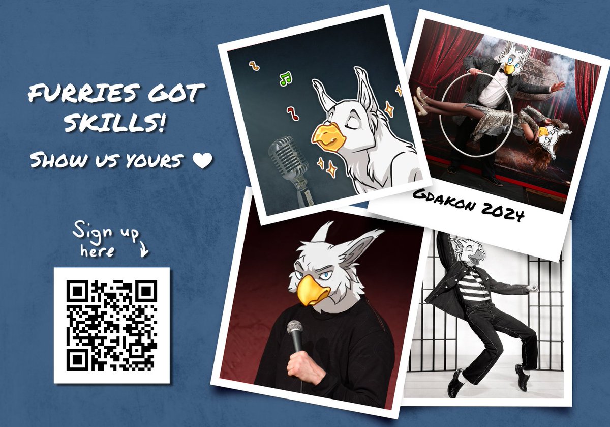Furries got skills! ✨

Do you have something neat or unique to show off? 
We invite you to perform at Gdakon! 🌟

We're looking for acts to show during the breaks of our dance competition!

If you're interested, please fill out this form: forms.gle/Za8dCnumVNq25u…