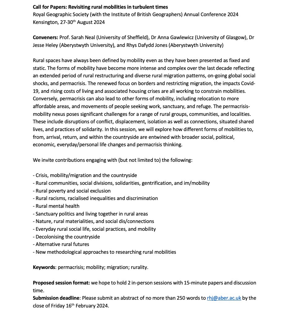 📢 #RGSIBG24 CFP alert 📢 We're organising a @RGRG_Rural-sponsored session on #rural mobilities as part of the @RGS_IBG annual conference 27-30 Aug 🤓 Please, consider submitting an abstract to *Rhys Dafydd Jones* at rhj@aber.ac.uk by Fri, 16 Feb 2024. 👇 More details 👇
