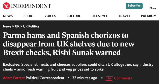'Parma hams and Spanish chorizos to disappear from UK shelves due to new Brexit checks, Rishi Sunak warned' Turnips may yet be safe... you never know! independent.co.uk/news/uk/politi…