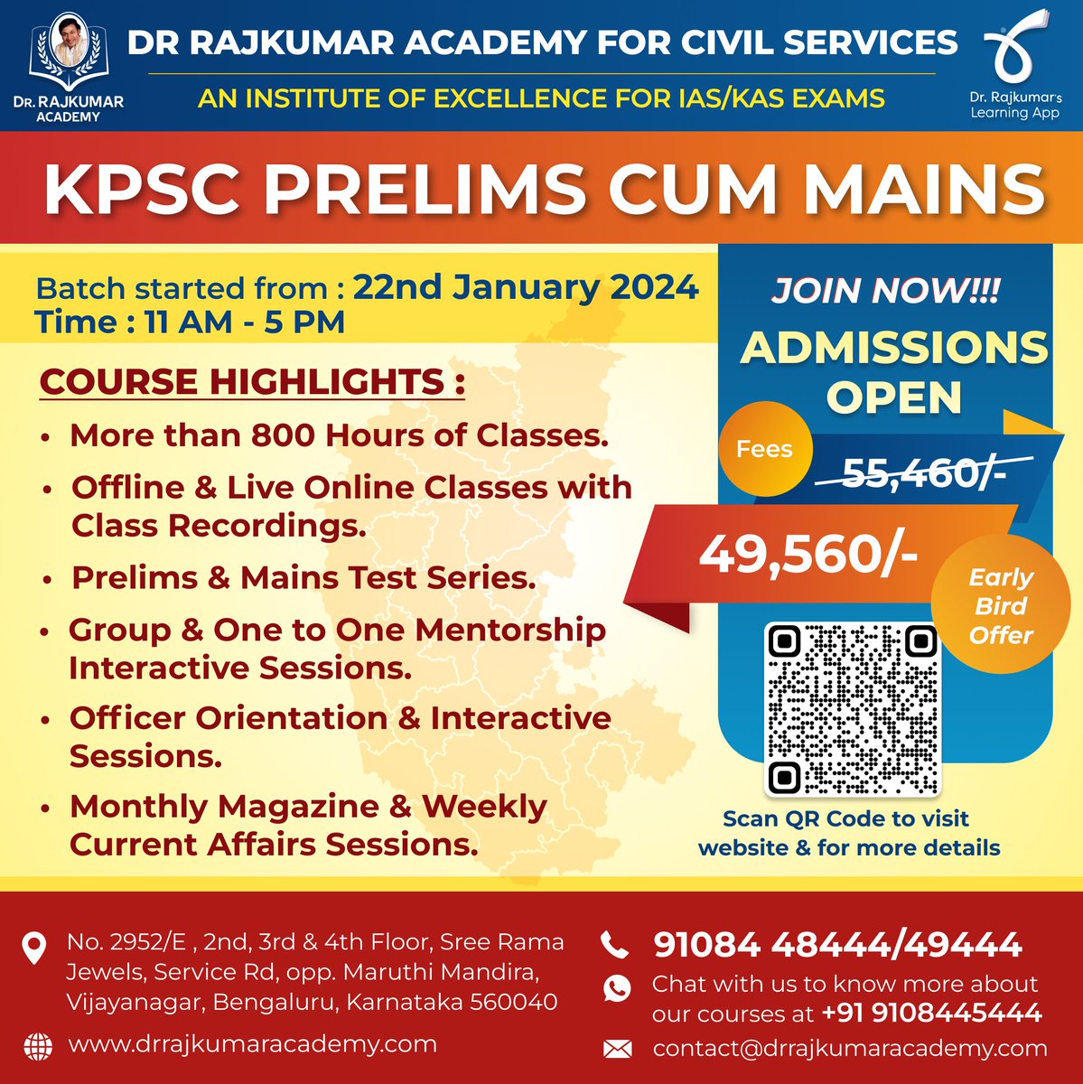 DrRajAcademy's tweet image. KPSC Prelims cum Mains New batch started from 22-01-2024.

Admissions open, Limited seats!!
Join NOW!!!

Enroll now!! Walk-in to the Academy for a FREE Counselling Or call for admissions.

#drrajkumaracademy
#drrajkumarslearningapp
#kpsc
#governmentexams
#kpscaspirants