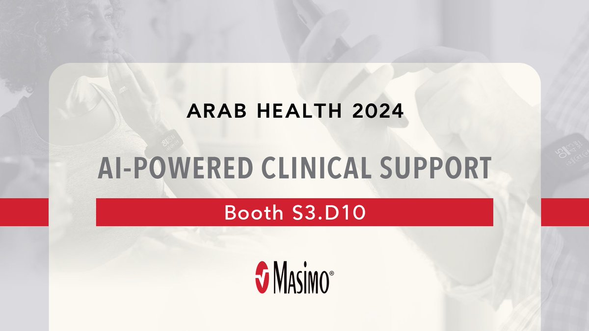 MasimoSaudi's tweet photo. Discover AI-Powered Clinical Support from Masimo. This #ArabHealth2024, we’re excited to share ways to elevate the care experience, including the Masimo W1® Medical Watch &amp; other innovative wearables, customizable connectivity solutions, &amp; more. Can’t wait to connect soon! https://t.co/MHEC4Q557k