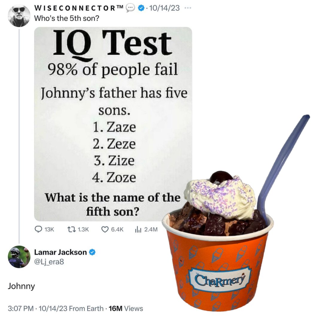 The Charmery (@thecharmery) on Twitter photo Johnny Sundae
2 scoops of Tell Tale Chocolate ice cream
purple gummy bears
"Almost Famous" hot fudge
whipped cream & a cherry
Ravens sprinkles
Ever since Lamar Jackson tweeted out "Johnny" he has been on 🔥🔥🔥 props to <a href="/zachbollinger18/">Zach Bollinger</a> and of course the best QB in the NFL Johnny Sundae
2 scoops of Tell Tale Chocolate ice cream
purple gummy bears
"Almost Famous" hot fudge
whipped cream & a cherry
Ravens sprinkles
Ever since Lamar Jackson tweeted out "Johnny" he has been on 🔥🔥🔥 props to <a href="/zachbollinger18/">Zach Bollinger</a> and of course the best QB in the NFL