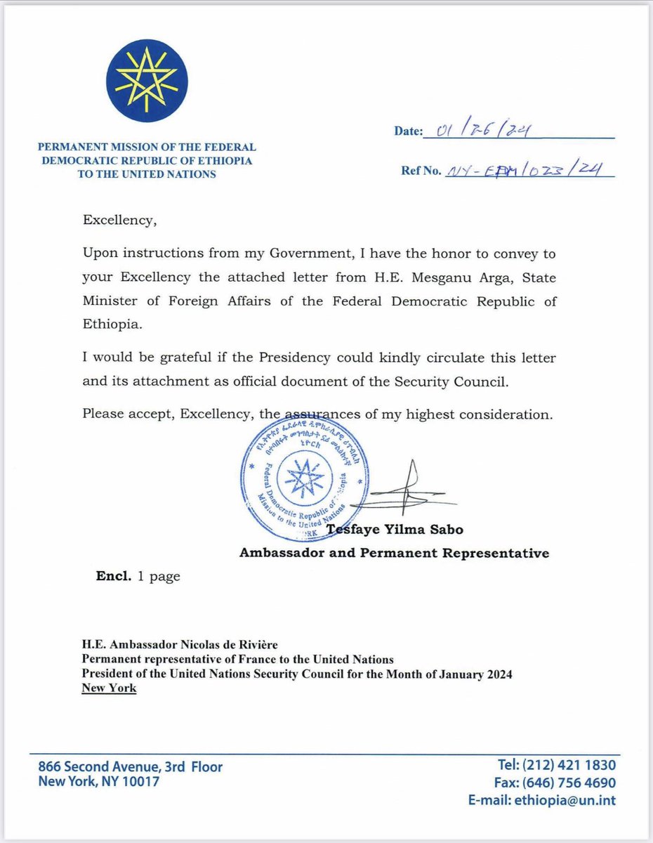 AAbdishakur's tweet photo. Ethiopia has circulated the following statement to the Security Council in order to prevent the Council from discussing the MoU signed between Ethiopia and Somaliland on January 1, 2024. This tactics of diplomacy by deception aims to mislead & confuse members of the Security Council by pretending that the agreement does not violate the independence and sovereignty of Somalia, nor does it create tension between the two nations or provoke instability in the region. 

Somaliland's leader, Musa Bihi, says that the MoU designates the access to the sea for military base instead of a commercial port, in return for recognition. However, Ethiopia claims it is indeed a commercial port and avoids mentioning the military base and Somaliland recognition. 

Furthermore, Ethiopia claims to have informed the Federal Government of Somalia, but the FGS denies receiving any such information. 

It is also supports the decision of the African Union Peace and Security Council, which calls for mediation. However, the Somali Government rejected because it contested that Ethiopia should first withdraw its decision, which violated Somalia's sovereignty and territorial integrity.
