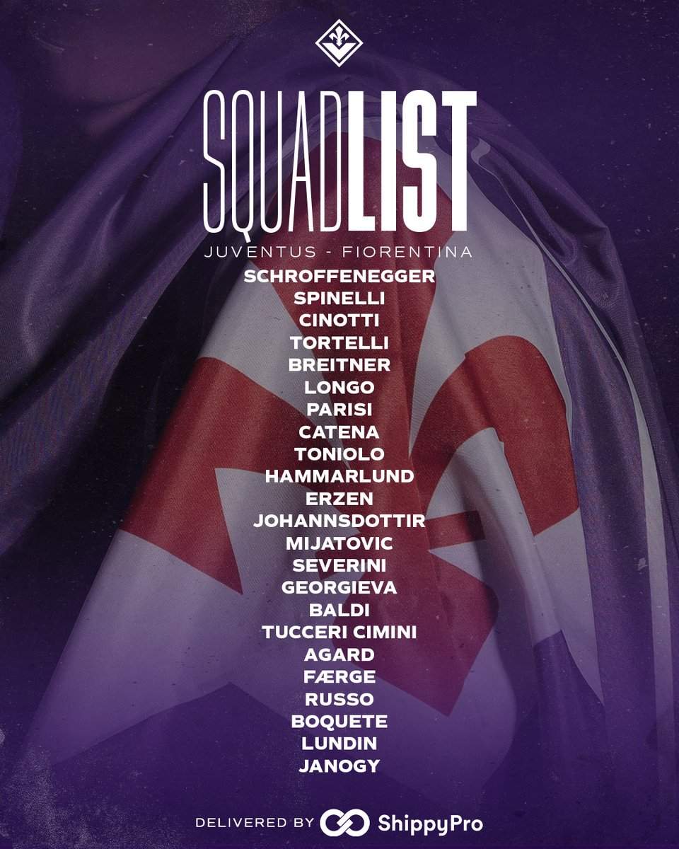 ACF_Womens's tweet image. 📋 | 𝗦𝗤𝗨𝗔𝗗 𝗟𝗜𝗦𝗧

👥 Le viola in viaggio per Biella!
🚚 Delivered by @shippypro_
🖥️ LIVE su RAI Sport e DAZN

#ForzaViola 💜 #JuveFiorentina