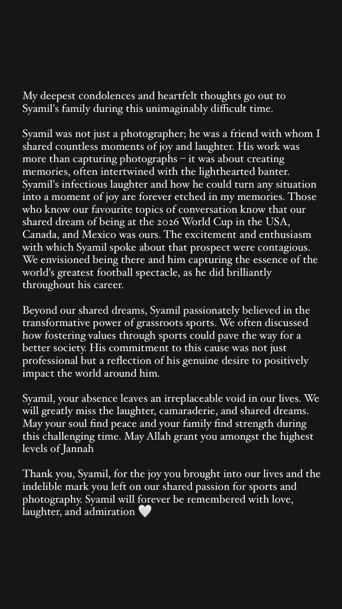 Innalillahiwainnailahirajiun.

Thank you for everything <a href="/Aremilworks/">syamilrosli89 🇲🇾🇵🇸</a> 🤍

Malaysian sports has lost an amazing, genuine, and kind human being 💐

Totally gutted 💔