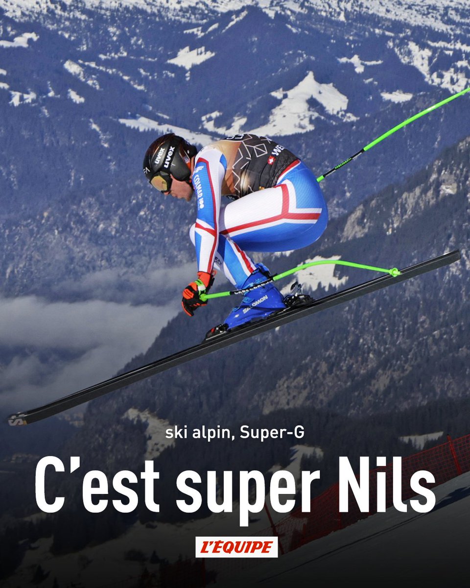 lequipe's tweet photo. Le Français Nils Allegre s'est imposé ce samedi sur le super-G de Garmisch, en Allemagne. À 30 ans, le Français tient son premier succès en Coupe du Monde. Guglielmo Bosca et Loic Meillard complètent le podium, Cyprien Sarrazin est 10e. https://t.co/wuGQp4L6vv https://t.co/M7tvp6SYZw