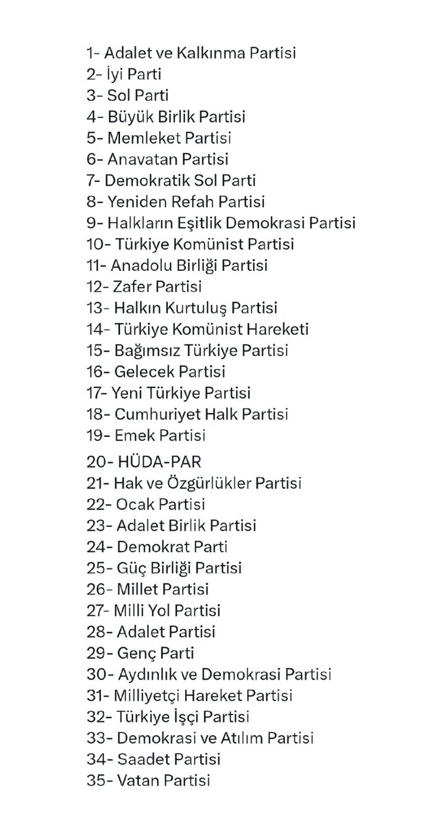 31 Mart Yerel Seçimlerine katılan partilerin oy pusulasındaki yerleri:

▪️AK Parti 1.sırada

▪️CHP 18.sırada

▪️İYİ Parti 2.sırada

▪️MHP 31.sırada 

▪️DEM Parti 9.sırada

▪️Saadet Partisi 34.sırada

▪️Gelecek Parti 16. sırada

▪️ Yeniden Refah Partisi 8.sırada

Tam Liste⤵️