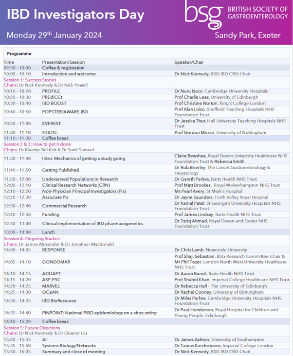 Good luck to all for the great line-up of talks & speakers at the BSG IBD Clinical Research Group meeting 👥🌟✅ From our team: Dr Nuru Noor will be presenting on the PROFILE Trial @ProfileCrohn Prof Miles Parkes will be presenting on the UK IBD BioResource @IBD_BioResource