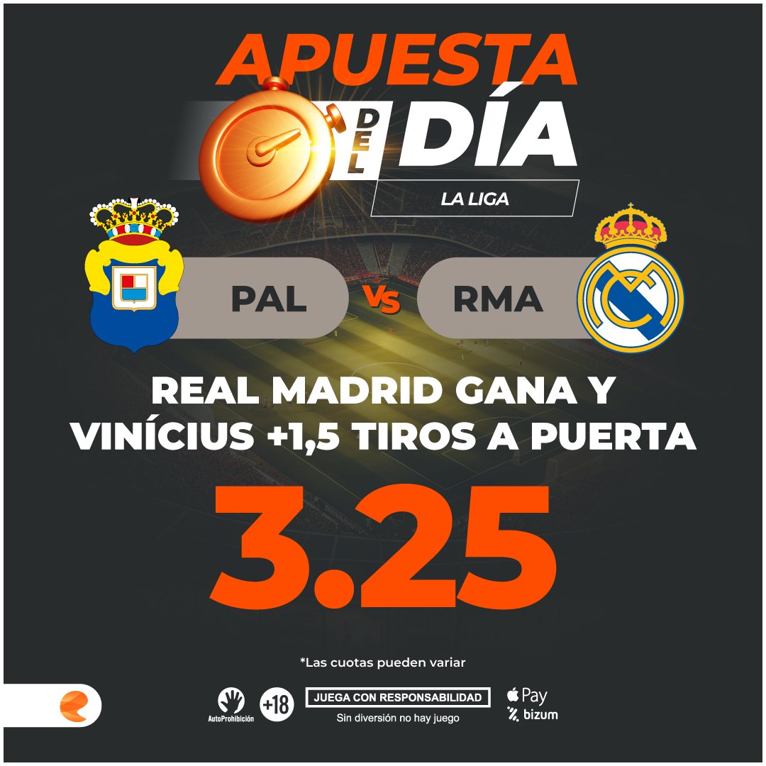 enracha's tweet photo. ⚽ 𝐋𝐀𝐒 𝐏𝐀𝐋𝐌𝐀𝐒 🆚 𝐑.𝐌𝐀𝐃𝐑𝐈𝐃 #LaLiga
✅ Si el Madrid gana y 🇧🇷 Vini +1,5 tiros a puerta = 𝐂𝐔𝐎𝐓𝐎́𝐍 ➡3.25
🕵‍ El dato 
👉 Lunin titular y Brahim parte como favorito 🏅para sustituir al sancionado Bellingham
🔥 Pronósticos en Directo 👇
https://t.co/hhtENH1O2R https://t.co/QrRUMbqpx2