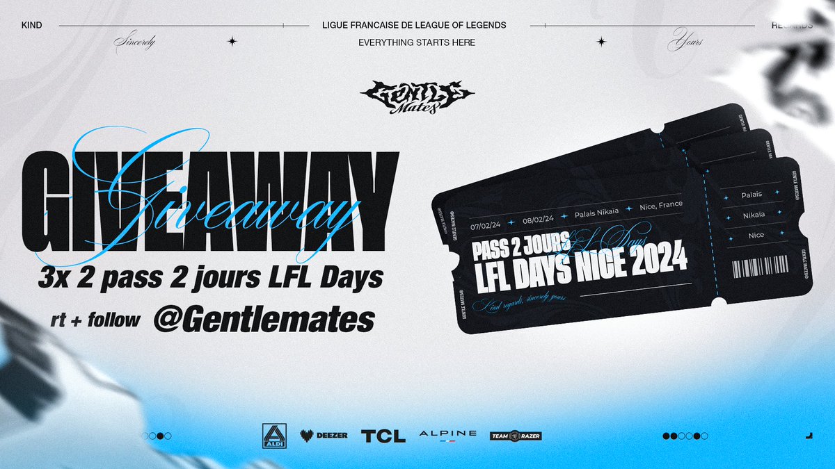 🎁 GIVEWAWAY 🎁 Vous voulez voir notre équipe League of Legends ? On vous offre 3x2 pass 2 jours pour les #LFLDays à Nice 🤩 ✅ Follow @gentlemates 🔁 RT ce tweet ! Tirage au sort le 29/01/24