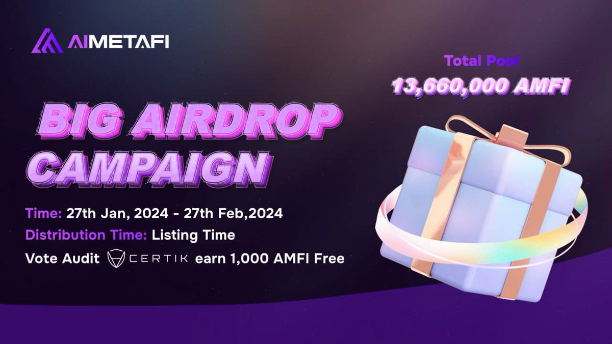 💵Our airdrop is live! (Audited by Certik)

Participate in our #Airdrop and earn 1200 AMFI (~$16) tokens

Airdrop:
t.me/AIMetaFIAirdro…

Airdrop rewards will be distributed after listing and 1000 lucky random (1000 winners in total) participants will be rewarded. 

💰Don't