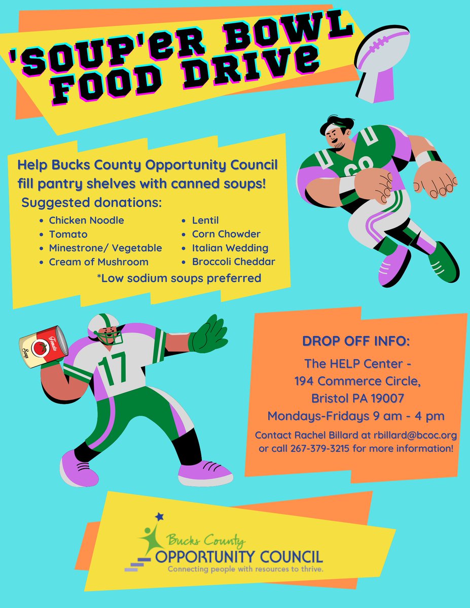BCOpportunity's tweet image. While shopping this weekend, pick up a few extra cans of soup to help BCOC fill food pantry shelves from now until the Soup&apos;er Bowl! Donations can be dropped off at the #HELPCenter in Bristol, Monday-Friday, 9am-4pm