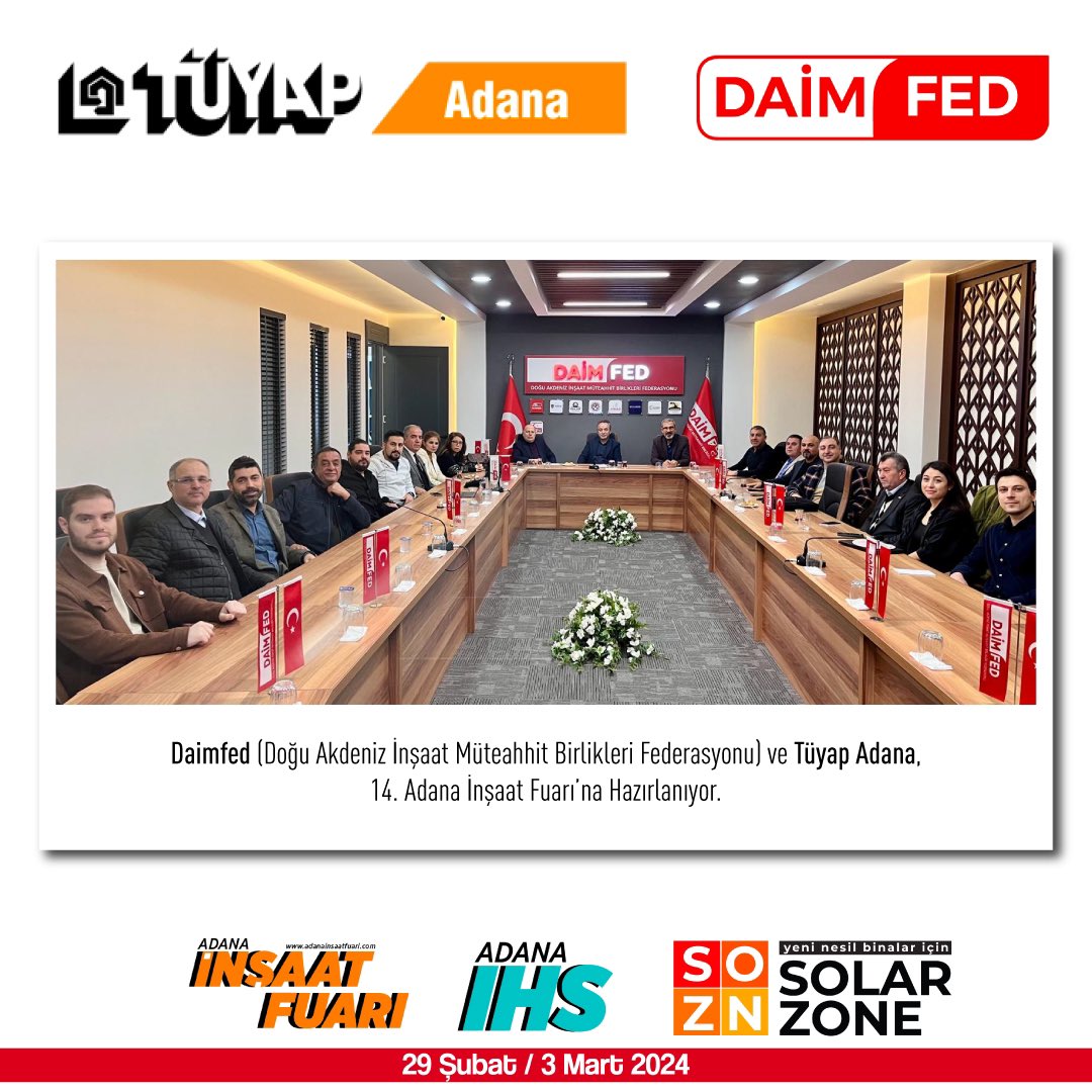 Daimfed (Doğu Akdeniz İnşaat Müteahhit Birlikleri Federasyonu) ve Tüyap Adana, 14. Adana İnşaat Fuarı’na Hazırlanıyor.

__
•
•
#adanatüyap #adana #inşaatfuarı #constructionfair