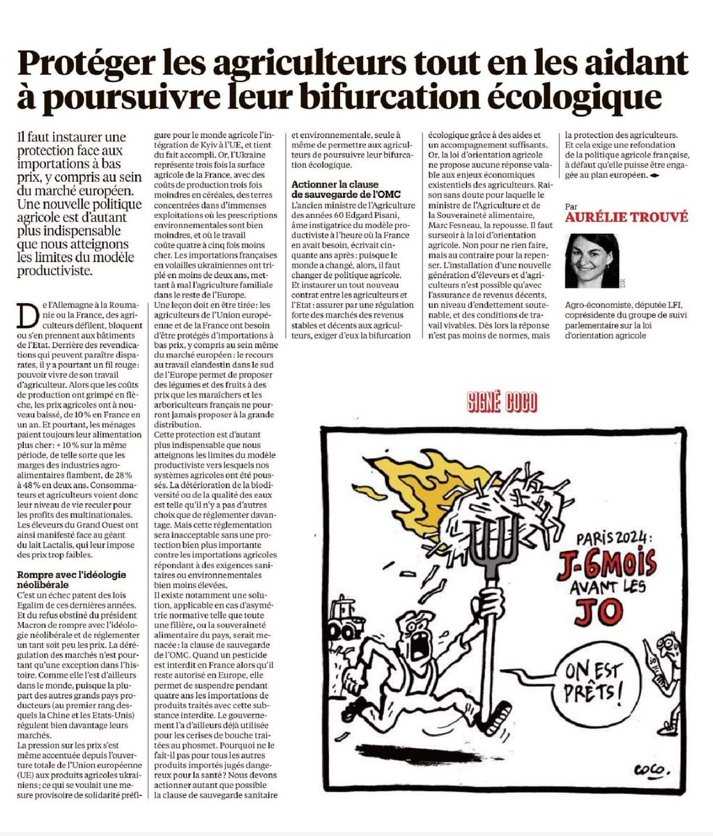 Aurélie Trouvé (LFI): "Il faut instaurer une protection face aux importations à bas prix, y compris au sein du marché européen. Une nouvelle politique agricole est d'autant plus indispensable que nous atteignons les limites du modèle productiviste."
#AgriculteursEnColere