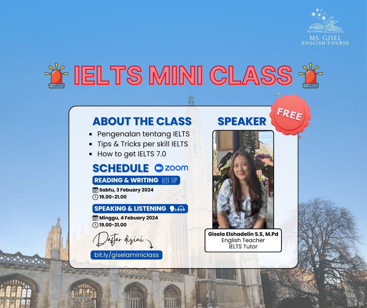 fanuelgisela's tweet photo. Hallo guys, bagi kalian yg mau ambil IELTS, mau tau ttg IELTS dan tips/tricknya. Yuk ikutan mini class IELTS buat mggu depan.
Kelasnya FREE, siapapun bisa join. Bisa daftar langsung ya!!!
Yuk buruan daftar 😊😊🙌
#ieltsclass #ieltsfreeclass #ielts #lesielts https://t.co/t1BqQRS8Fw